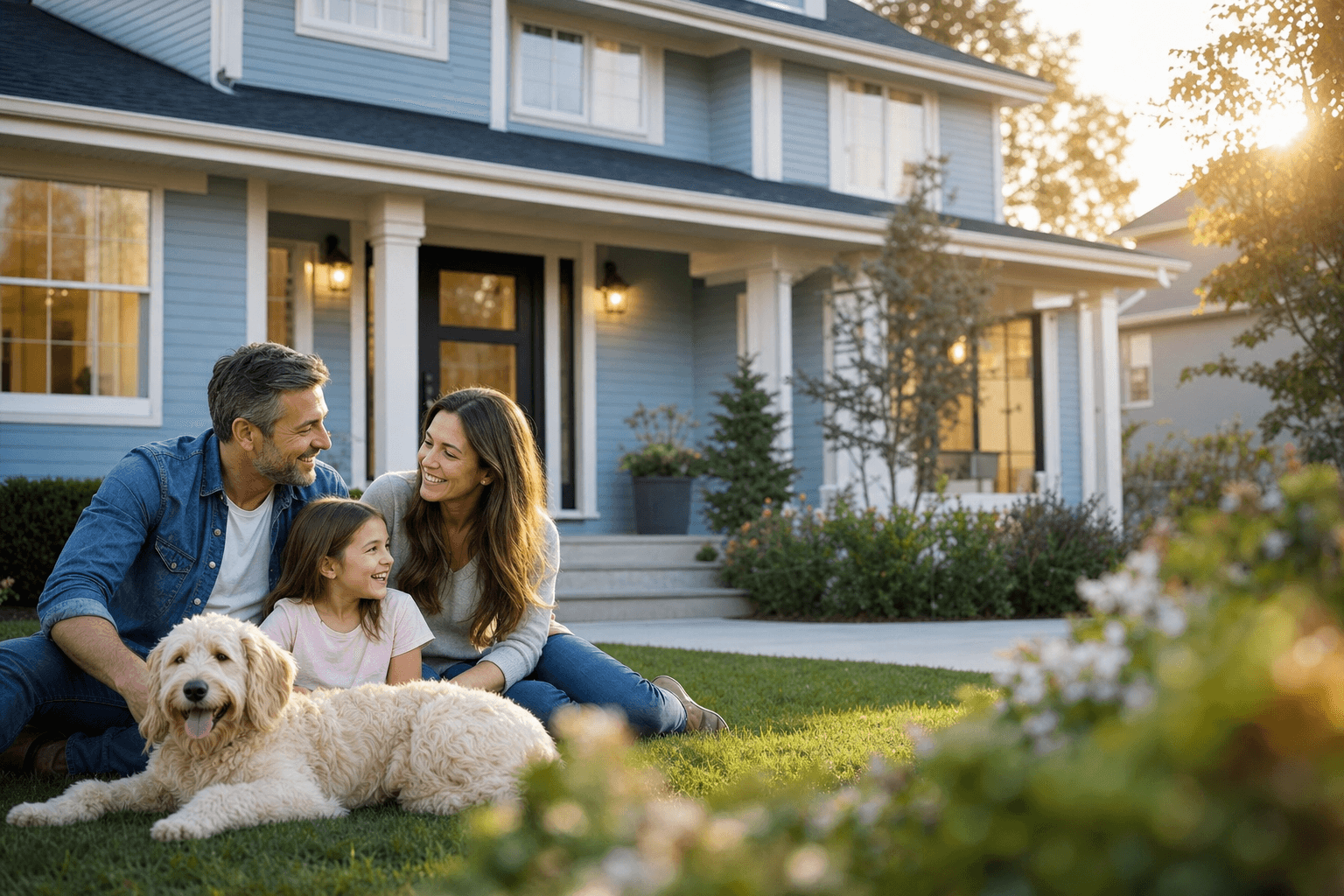Family in front of their insured suburban home